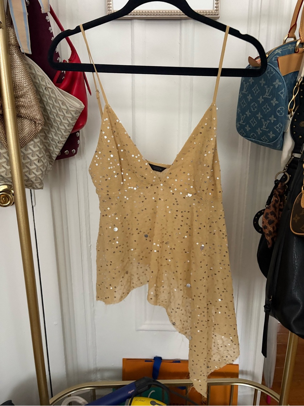 Zara Gold Sequin Asymmetric Spaghetti Strap Tank Top